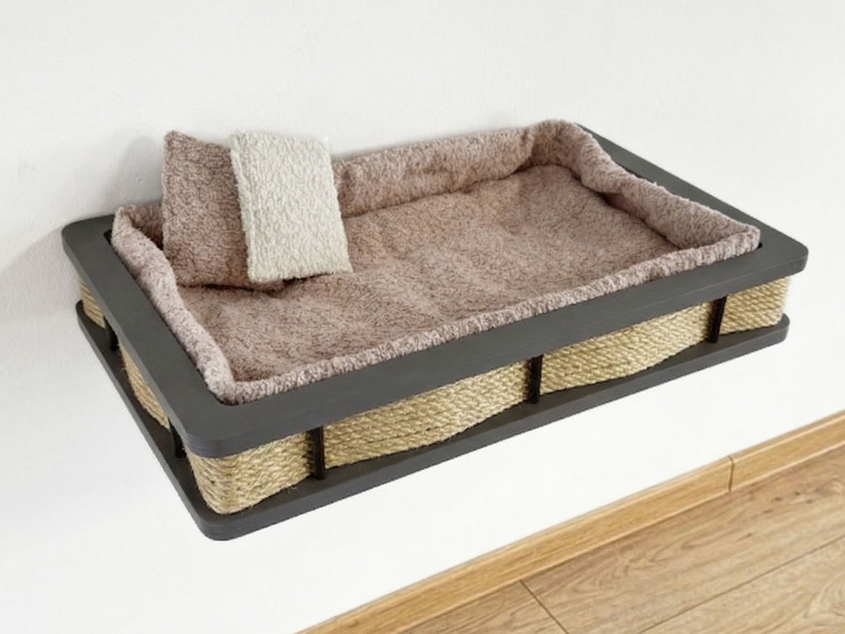 Pet bed with a gray frame and brown cushion on a white background