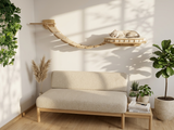 Cat wall bridge and bed with cushion - natural color of wood and white cushion