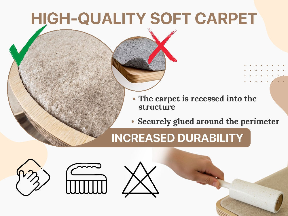 Advertisement for high-quality soft carpet with durability features and cleaning symbols.