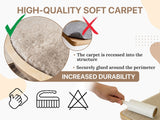 Advertisement for high-quality soft carpet with durability features and cleaning symbols.