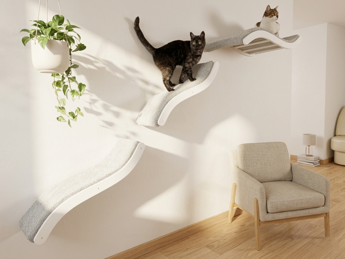 White cat shelf with cats on it in a room with a chair and plant.