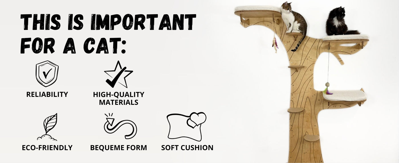 Cat tree with features highlighted for a cat, including reliability, high-quality materials, eco-friendliness, bequeime form, and soft cushion.