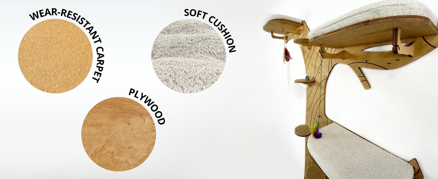 Cat tree with wear-resistant carpet, soft cushion, and plywood components on a white background.