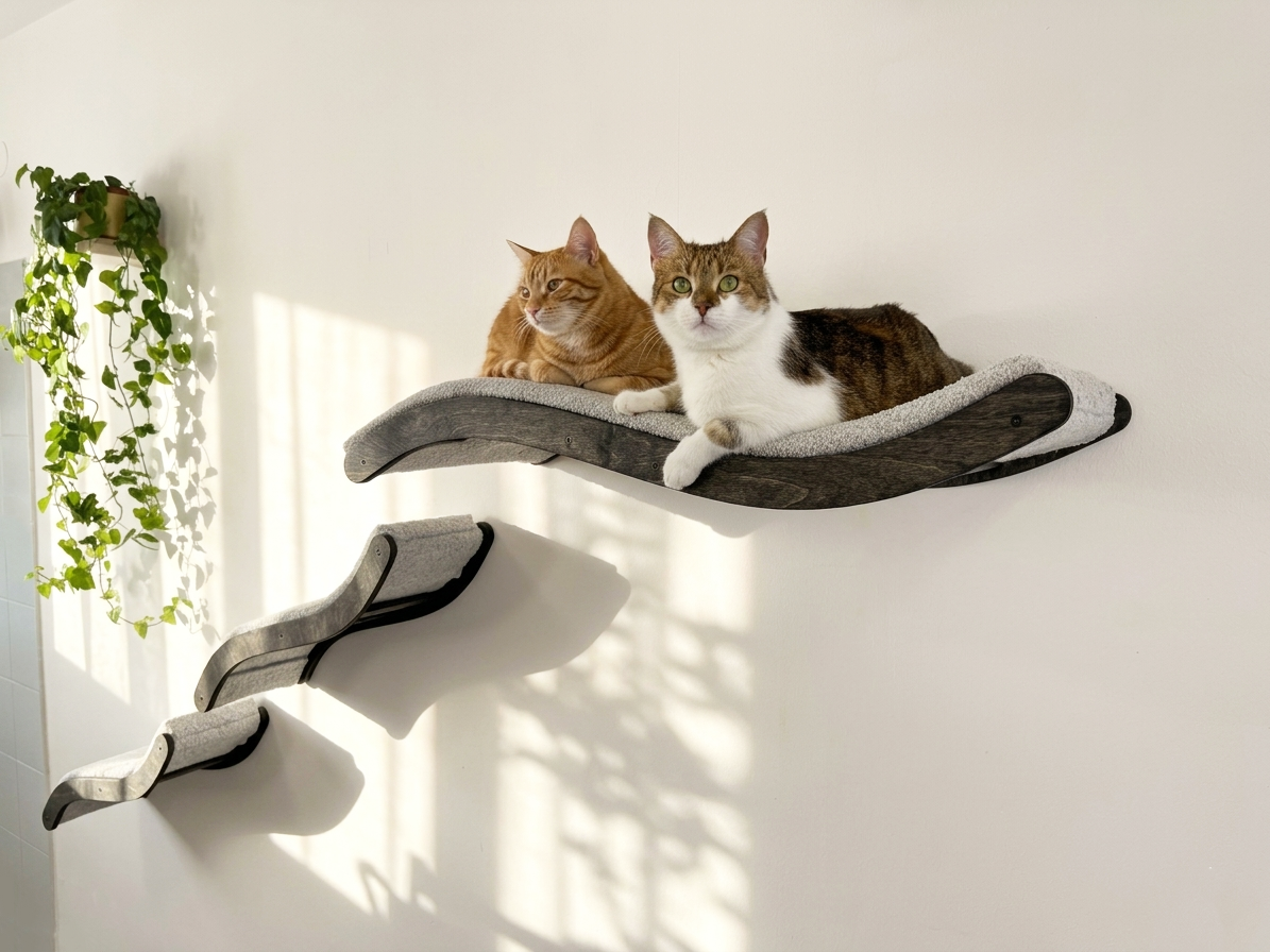 Two cats on a cat shelf with a plant in the background