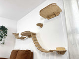 Cat wall climbing system: bridge, cat shelves and steps. Natural color of shelves and whitecushion and beige carpet