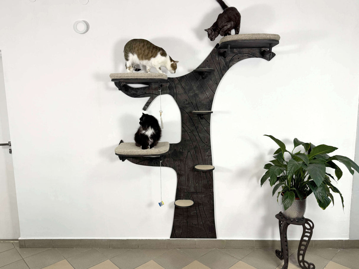 Cat tree with multiple levels and cats on a white wall background