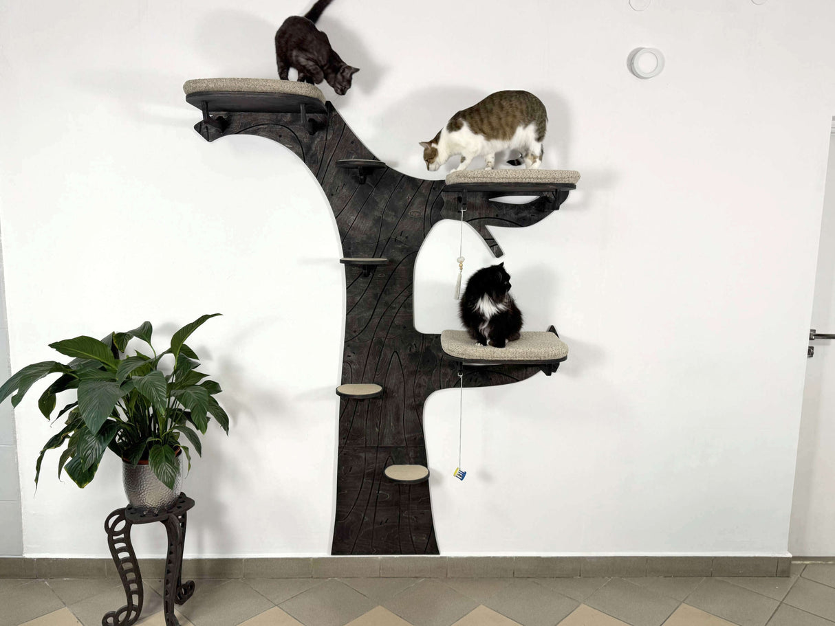 Cat tree with multiple levels and cats on a white wall background