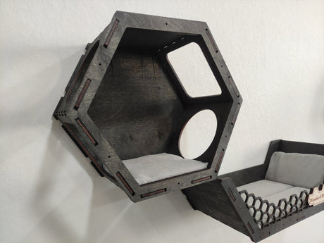 Dark wood colored hexagonal wall mounted cat perch set. 3 shelves and 3 steps for cat comfort.