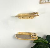 Set of 2 cat shelves with bowls and steps made of natural wood