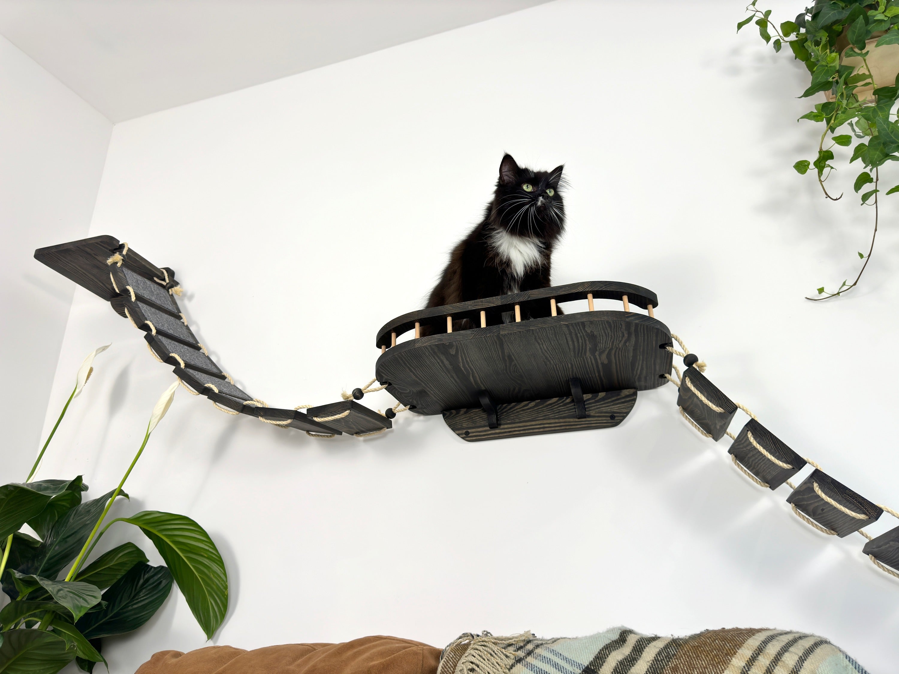 A large wall shelf for cats with bridges on the sides