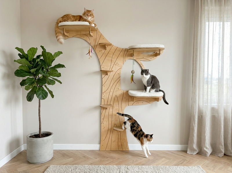 Wooden cat tree with multiple levels in a room with a plant and curtains.