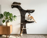 Cat wall tree with 3 soft beds, dark color of wood and beige cushion and carpets