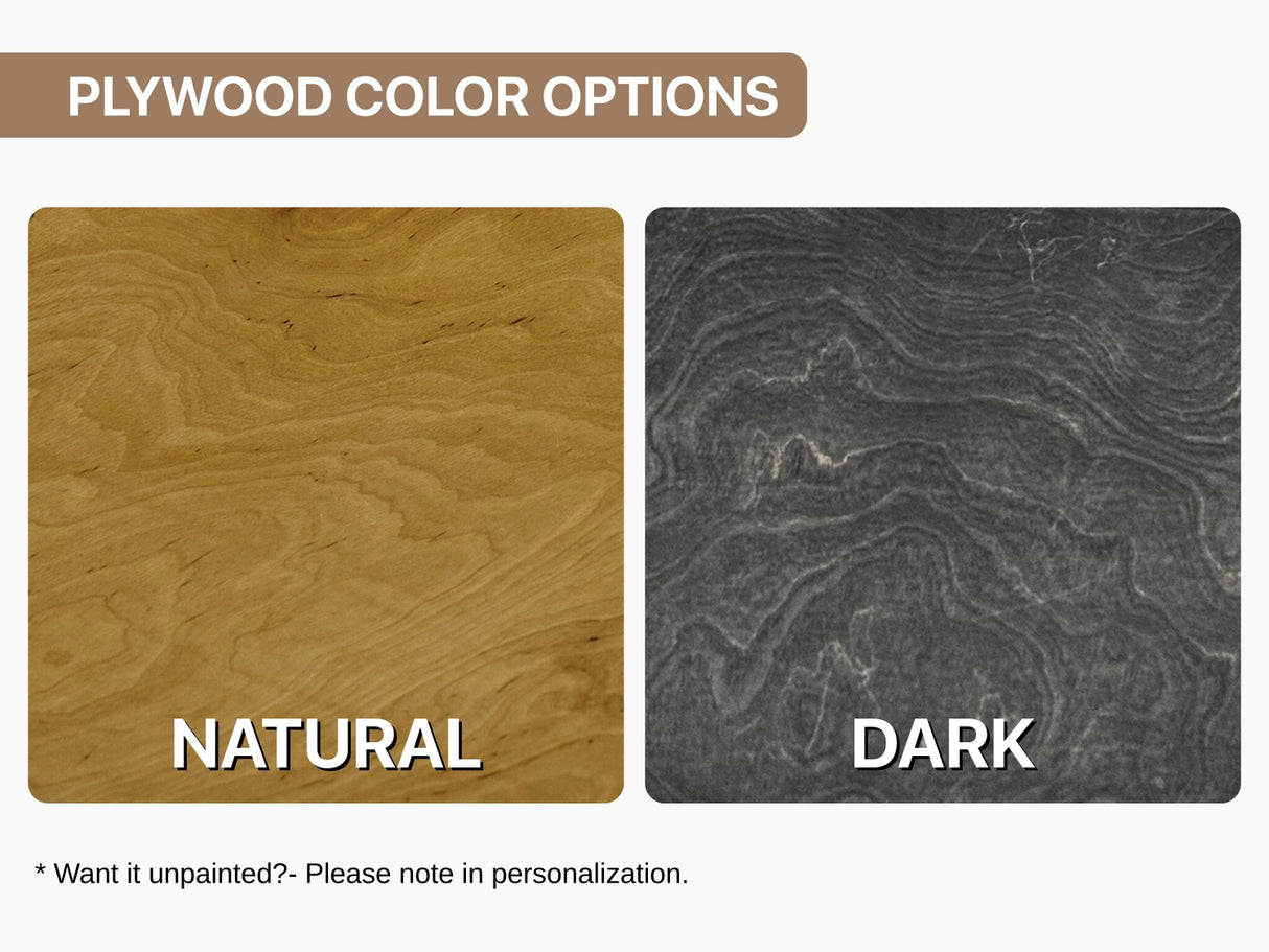 Plywood color options with natural and dark finishes on a white background.