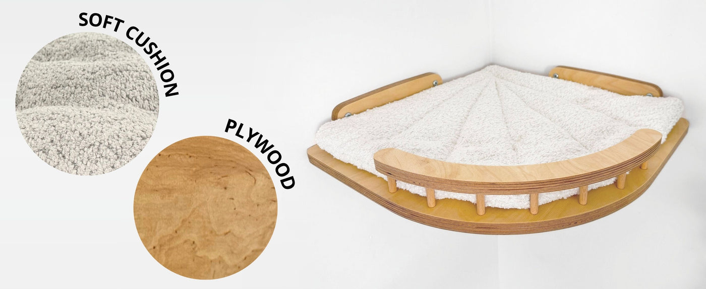Wooden cat wall bed with soft cushion and plywood components on a white background