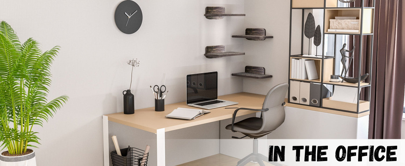 Modern office setup with desk, chair, and cat corner shelves.