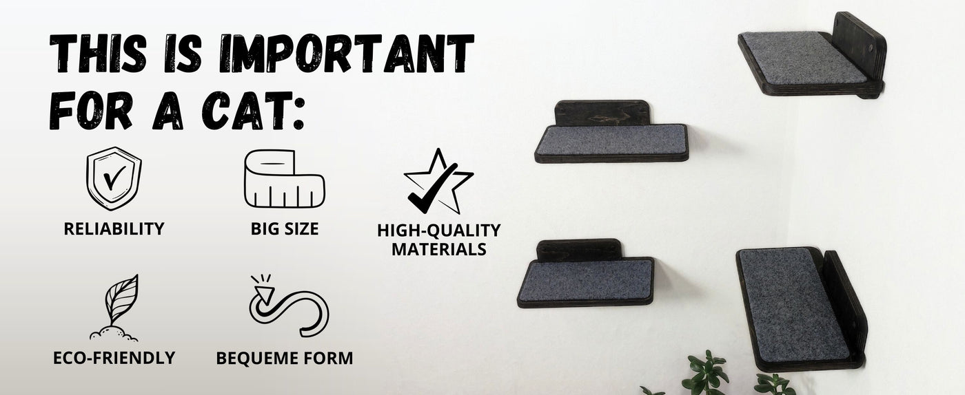 Cat wall shelves display with text highlighting features important for a cat, including reliability, big size, high-quality materials, eco-friendliness, and bequeme form.