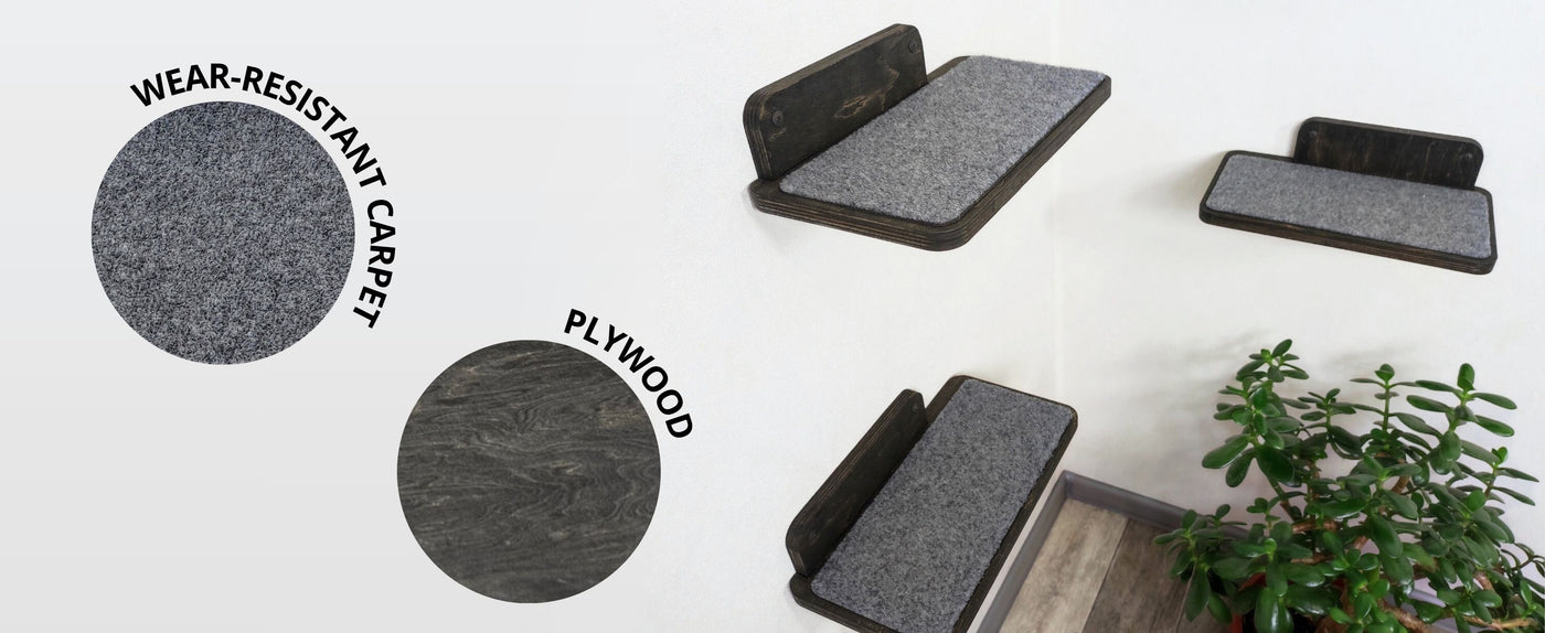 CAt wall furniture. Wear-resistant carpet samples on a white background with 'Plywood' label.