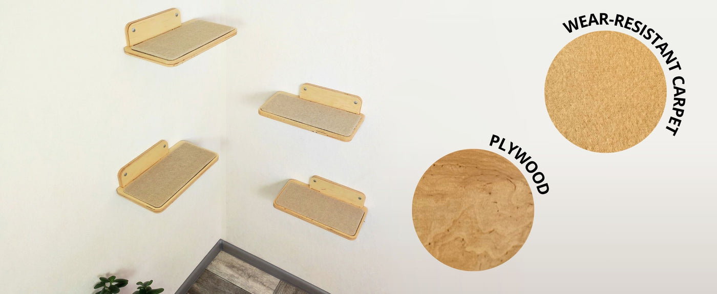 Wooden cat pads on a white surface with labels indicating 'Wear-Resistant Carpet' and 'Plywood'.