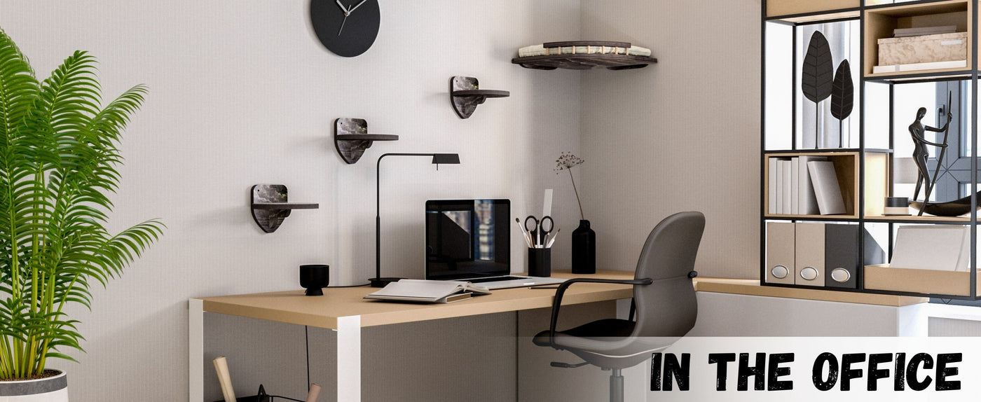 Modern office setup with desk, chair, and cat wall bed with cushion