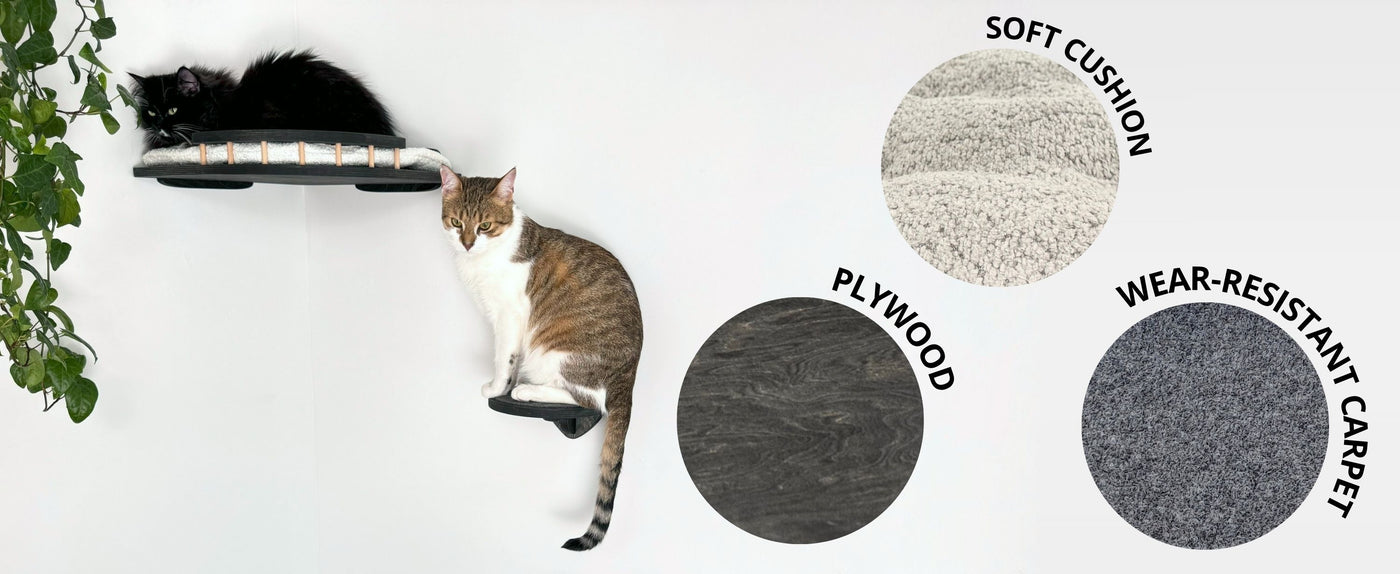 Cat using a cat corner wall bed with material options labeled on a white background