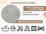 Product description with cushion included, soft coziness, washing instructions, and hypoallergenic filling details.