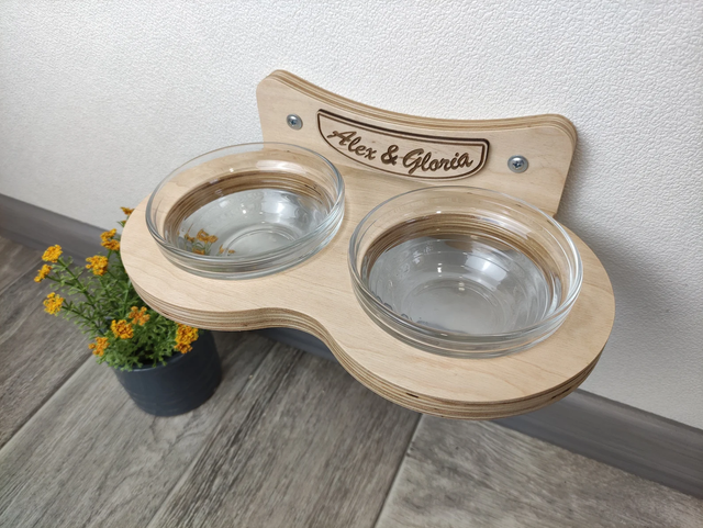 Wall-mounted double cat feeder with two glass bowls on light wood shelf