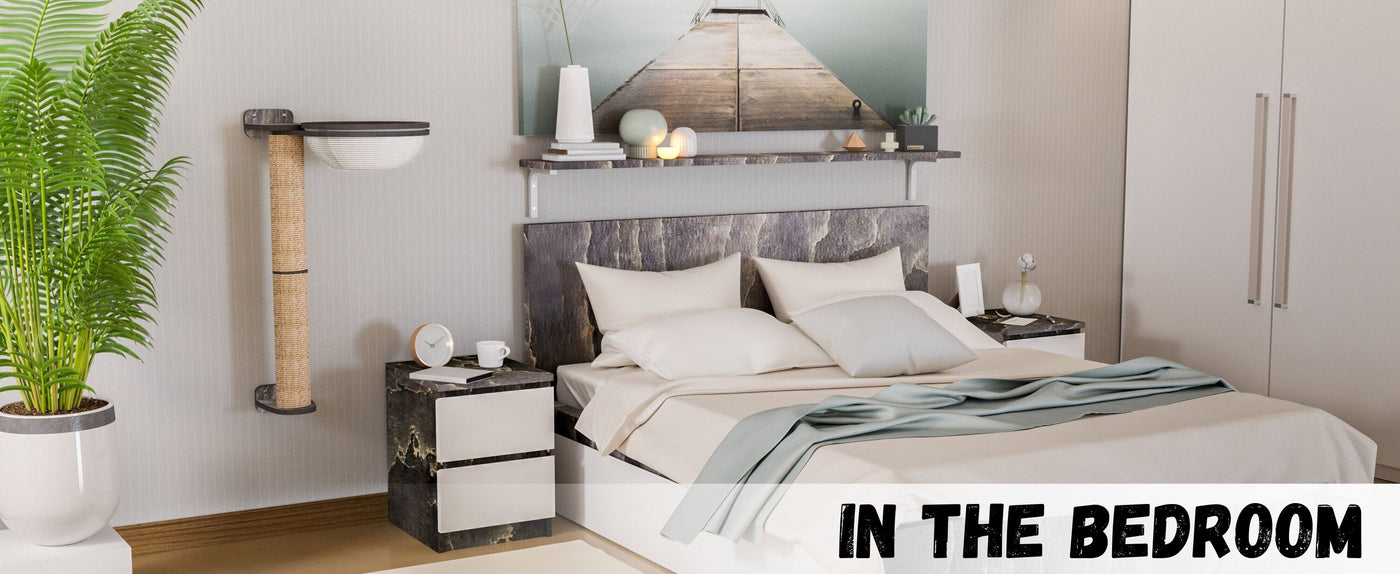 Modern bedroom with bed, nightstands, and cat tree