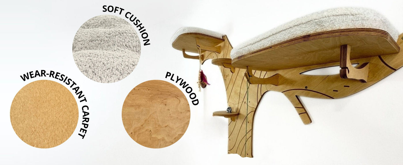 Wooden shelf with cushion, labeled materials on a white background