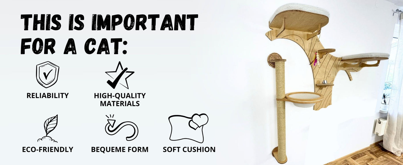 Cat climbing shelf with features listed on a white background