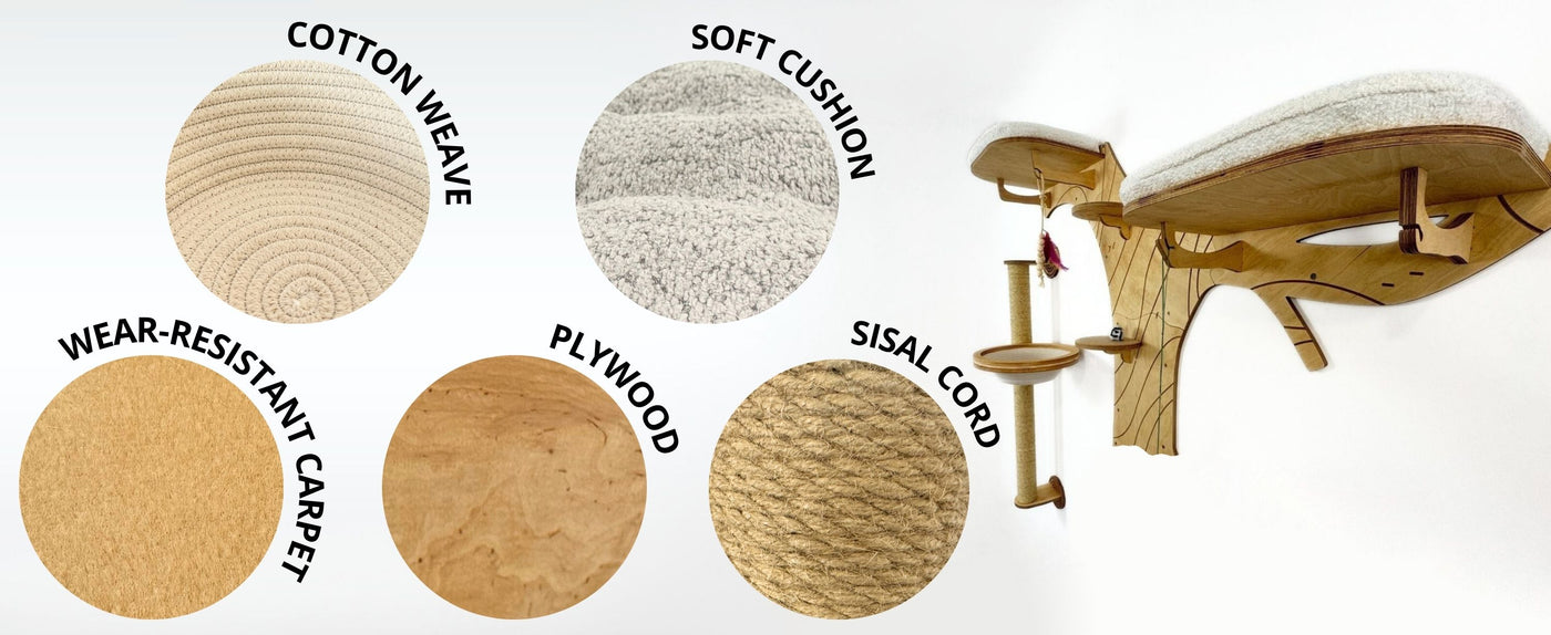 Textured samples labeled 'Cotton Weave', 'Soft Cushion', 'Wear-Resistant Carpet', 'Plywood', and 'Sisal Cord' with a wooden product on a white background.