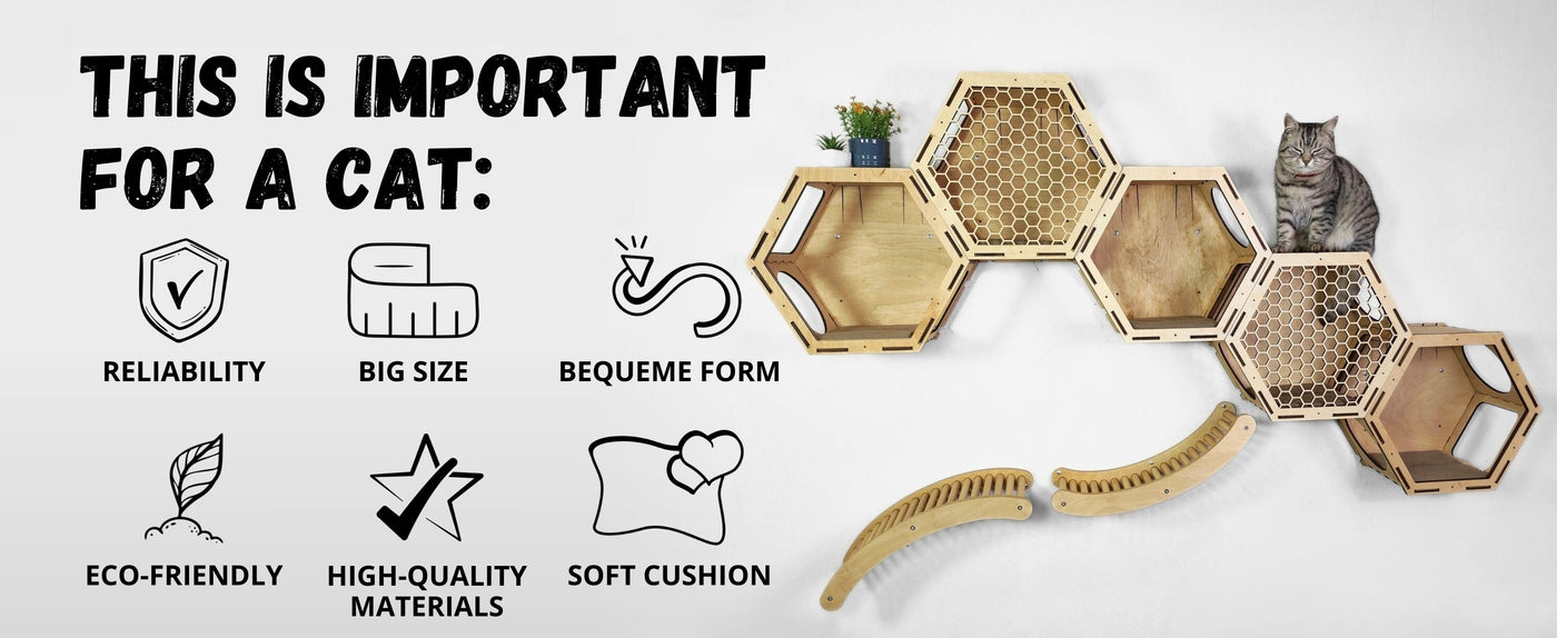 Hexagonal cat play structures with a cat sitting on top, featuring text and icons about cat care.