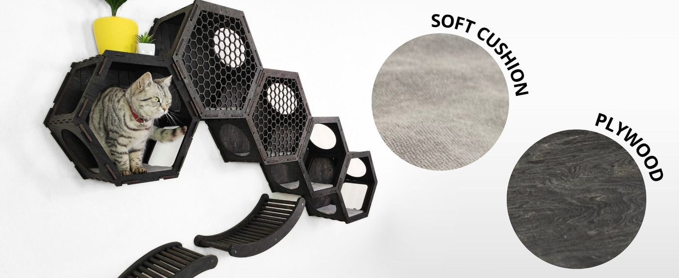 Hexagonal cat play structure with soft cushion and plywood options on a white background