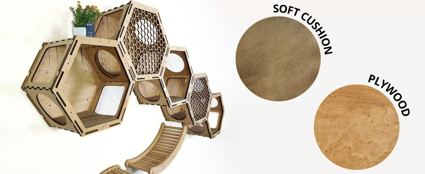 Hexagonal wooden cat playpen with soft cushion and plywood components on a white background
