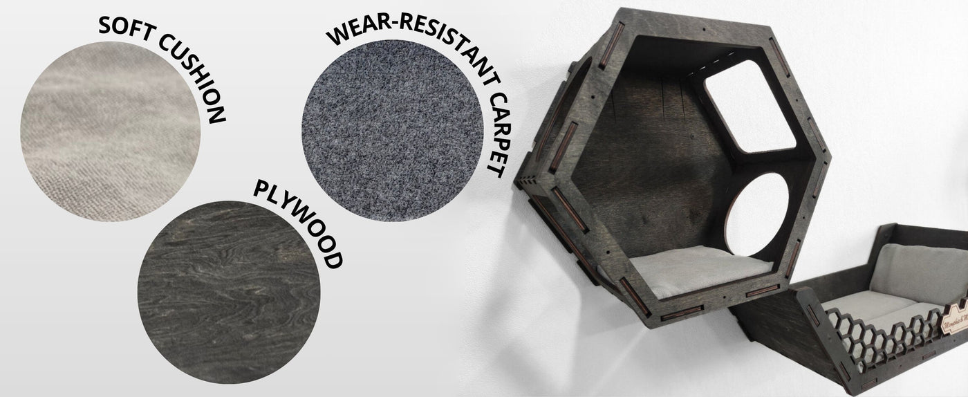 Hexagonal cat bed with cushion options labeled on a white background