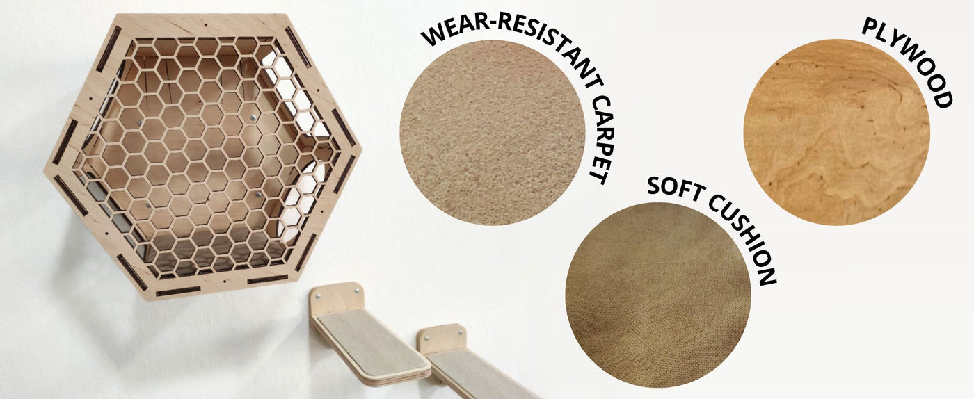 Hexagonal cat shelves with wear-resistant carpet, soft cushion, and plywood textures on a white background.