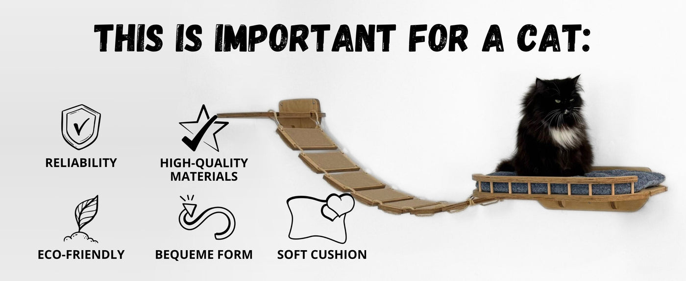 Cat hammock with features listed for a cat on a white background