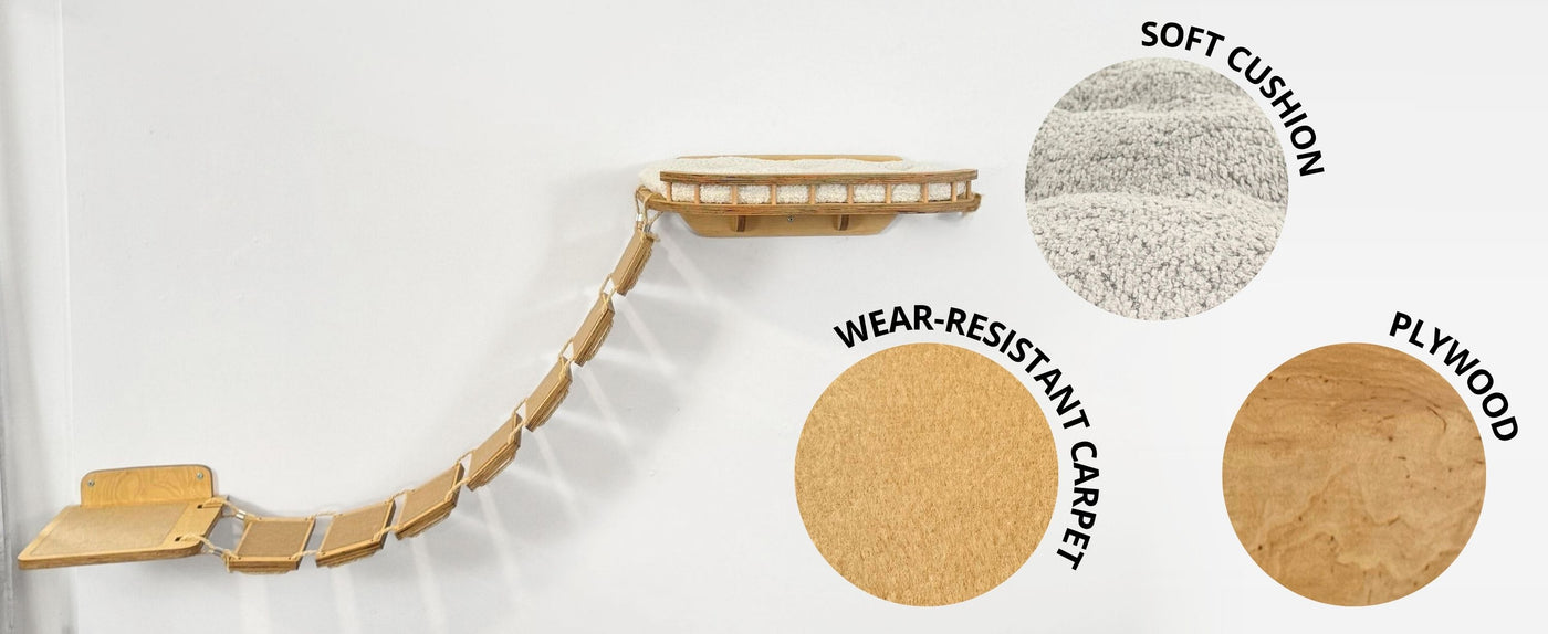Wooden pet ramp with cushioning materials labeled on a white background
