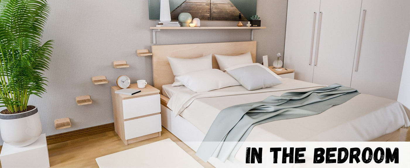 Modern bedroom with a bed, nightstands, and cat wall furniture