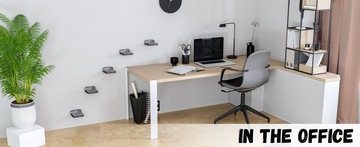 Modern office desk with chair, computer, and cat wall steps