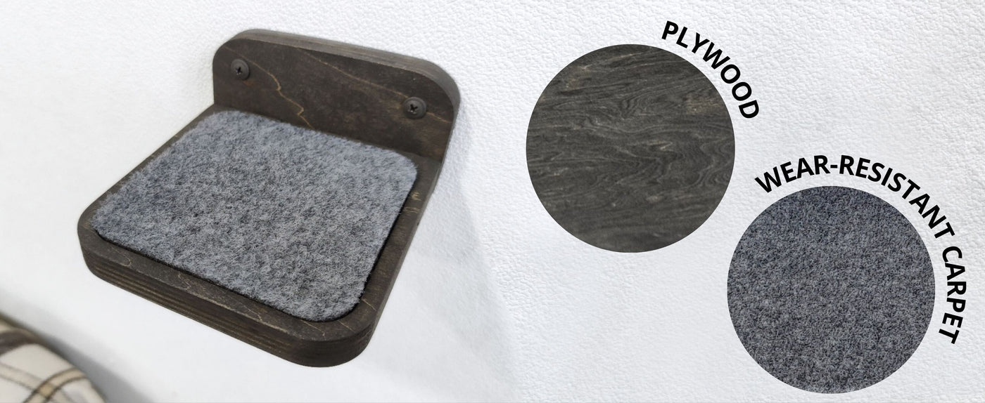 Cat wall steps with felt surface on a white background, showing material types.