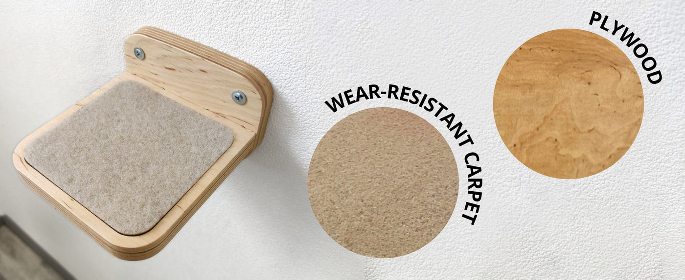 Wooden cat ramp with wear-resistant carpet and plywood components on a white background