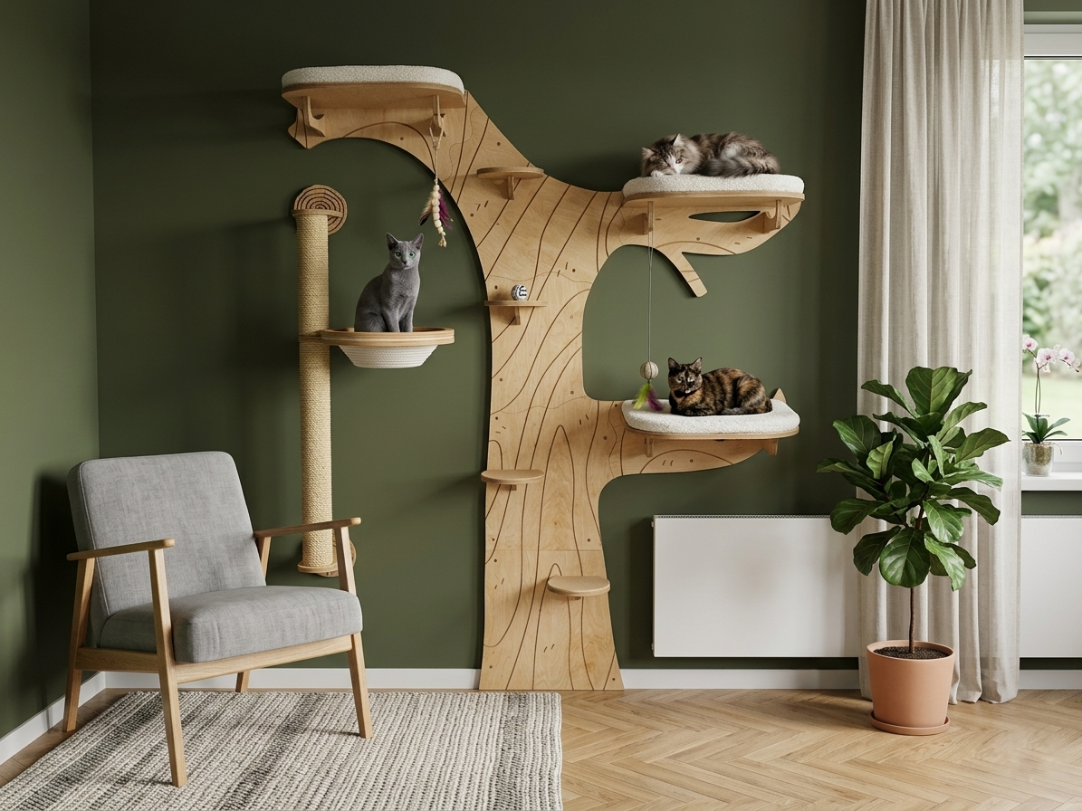 Wooden cat tree with multiple levels in a room with a green wall, gray chair, and a plant.