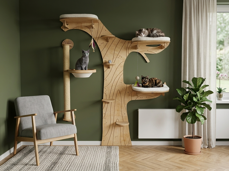 Wooden cat tree with multiple levels in a room with a green wall, gray chair, and a plant.