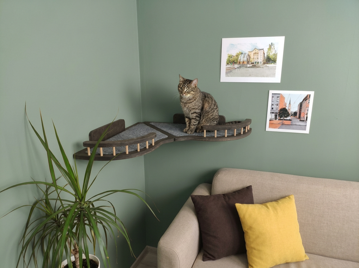 Cat on a elevated cat shelf in a room with a plant and a couch.