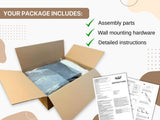 Open cardboard box with assembly parts and wall mounting hardware, accompanied by detailed instructions on a white background.