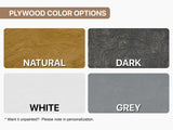 Plywood color options including natural, dark, white, and grey with labels.
