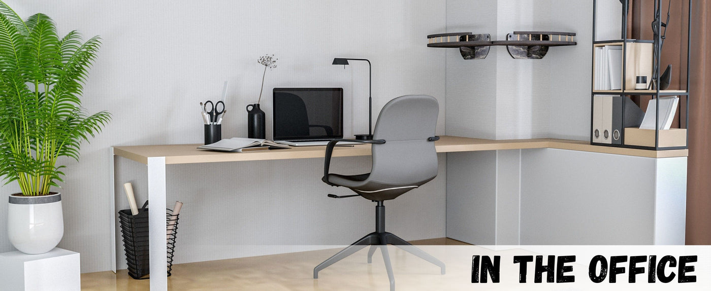 Modern office desk with chair, computer, and cat wall shelf.