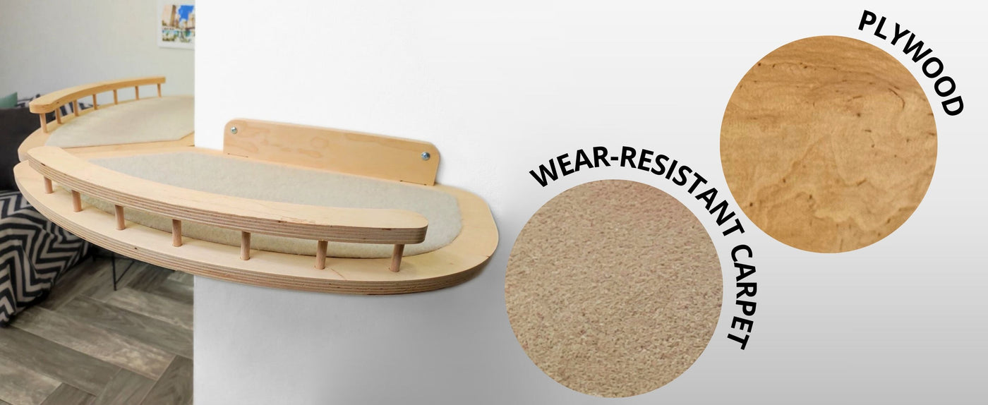 Wooden pet bed with wear-resistant carpet and plywood components on a white background