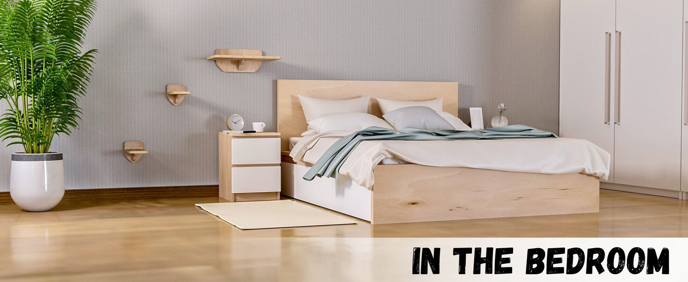 Modern bedroom with wooden bed, nightstands, and cat shelf.