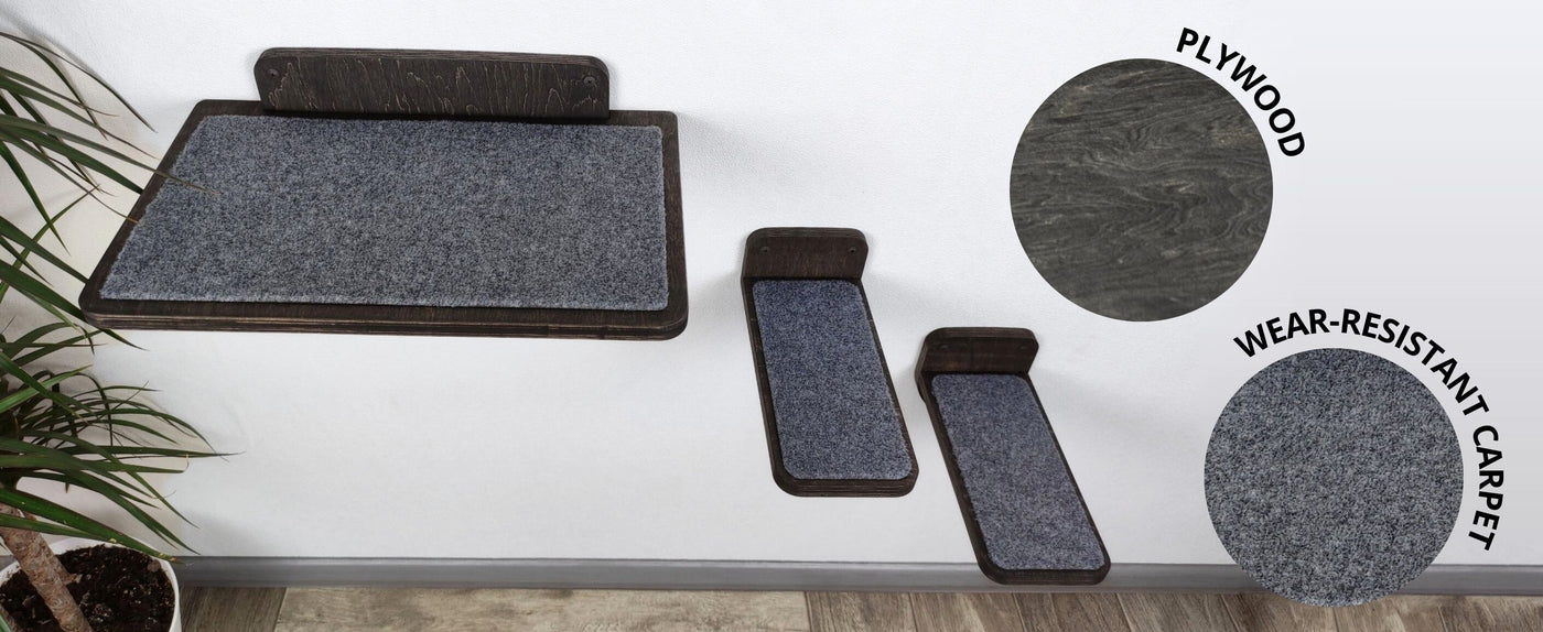 Set of gray pet mats with wear-resistant carpet and plywood labels on a white background